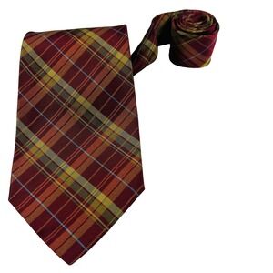 Paul Stuart Red‎ Brown Blue Plaid Silk Tie Mens 3.75" Width 57.5" Length